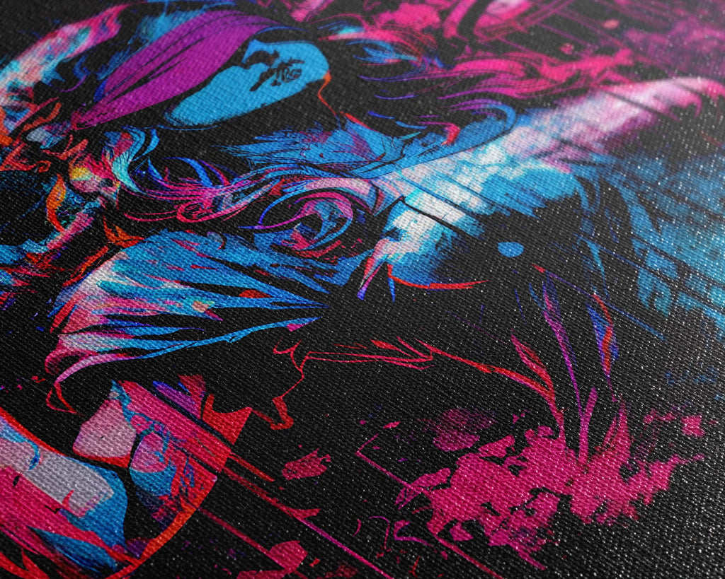 Graffiti art, lady justice, vaporwave cyberpunk justice is blind, fine art poster print